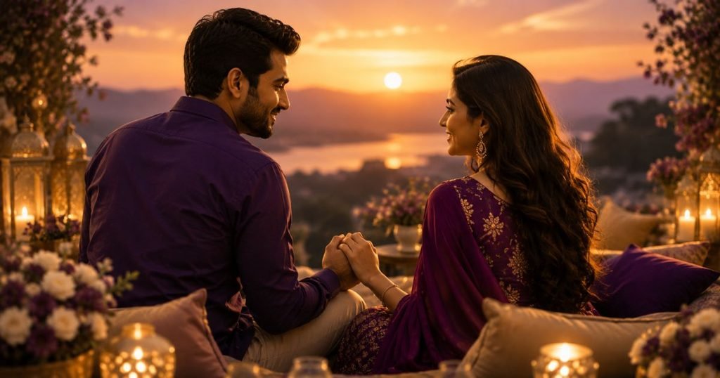 Romantic couple holding hands during a sunset moment
